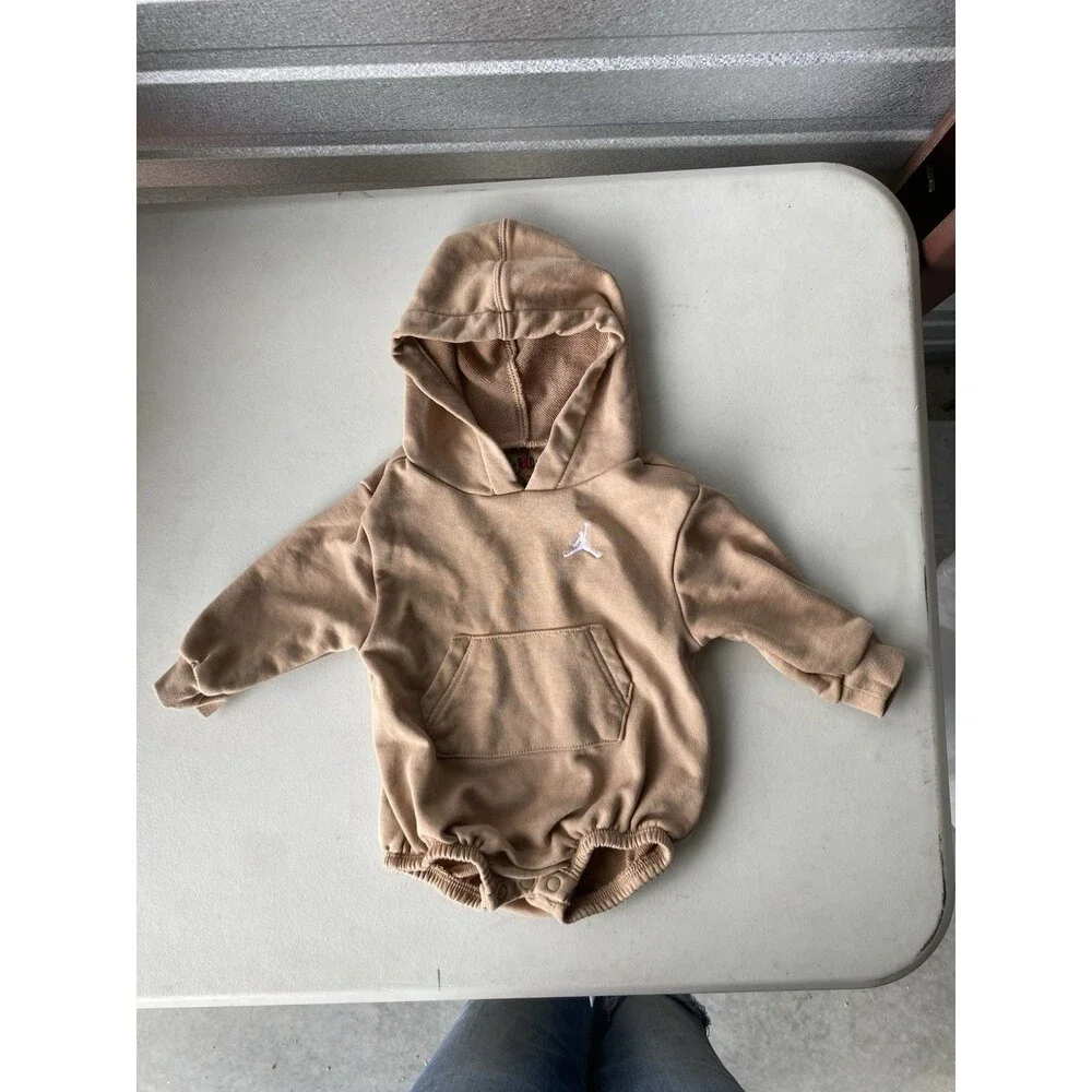 Nike Jordan Brooklyn Fleece Hooded Romper 3-6M Tan Beige Bubble Bodysuit
